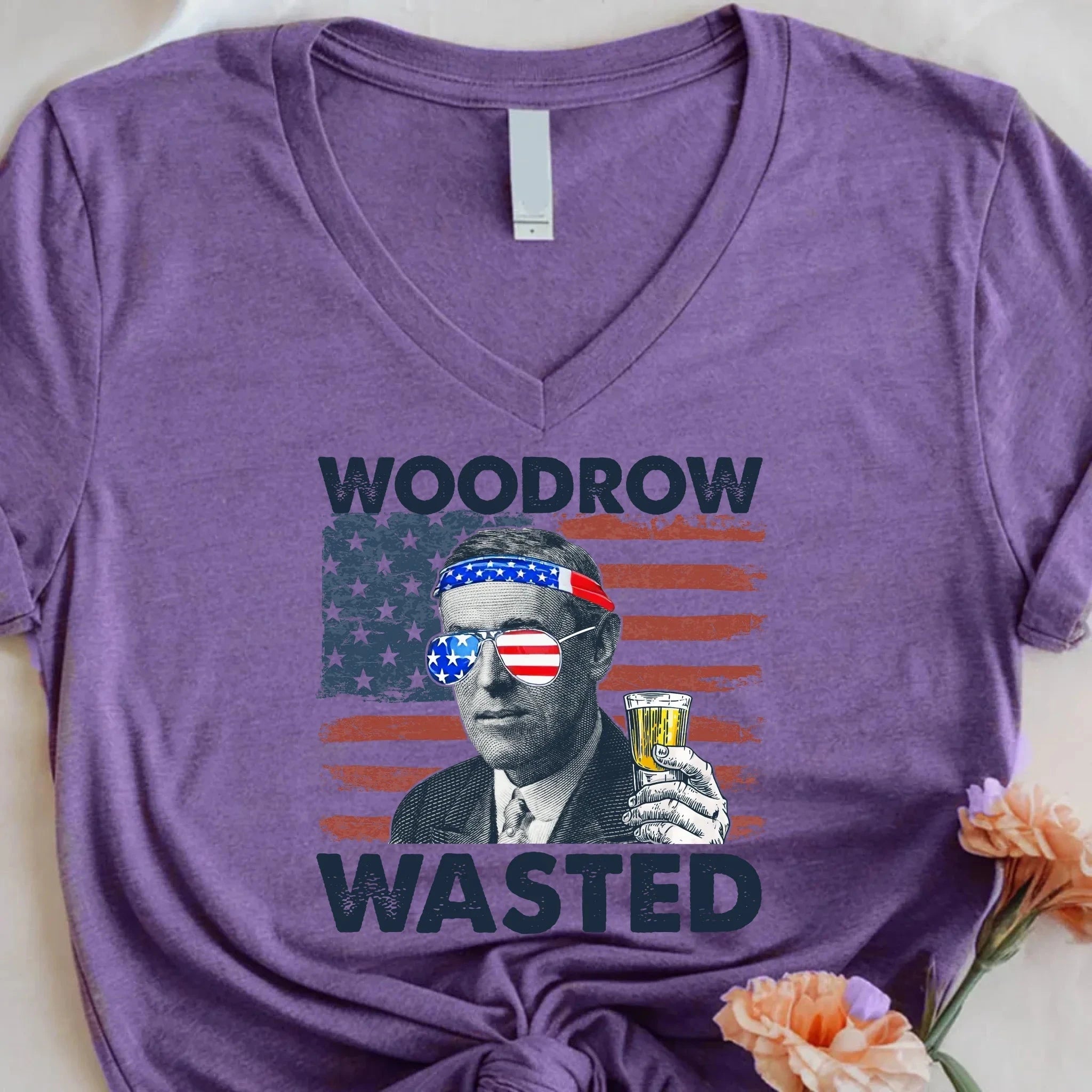 Woodrow Wasted 4th of July Unisex V-Neck Shirt – Wilson Patriotic Drinking T-Shirt Adorb.co