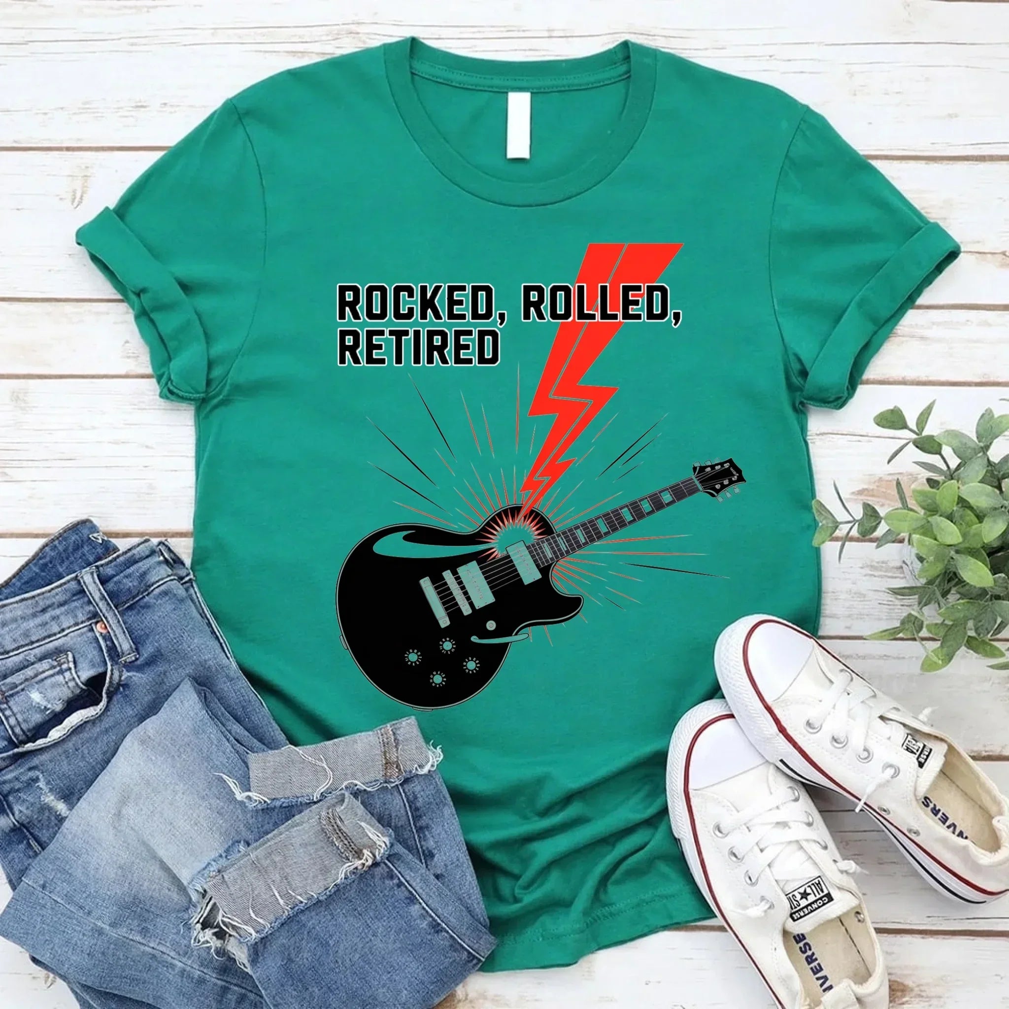 The Adorb.co Rocked Rolled Retired funny t-shirt shown in a deep navy blue color option for a stylish retirement gift.