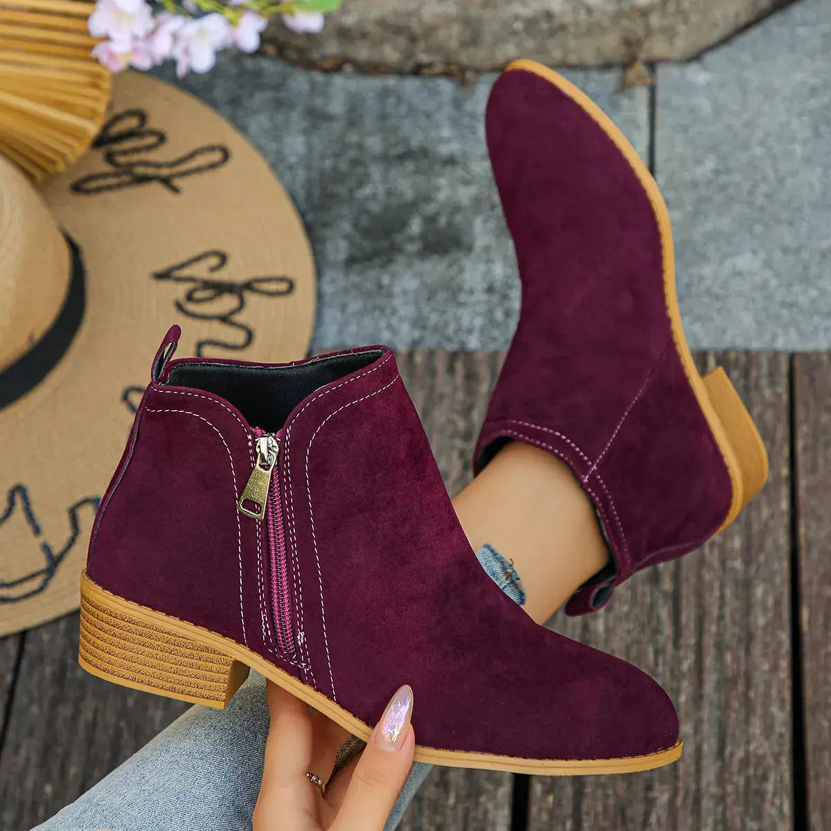 Burgundy Suede Point Toe Ankle Boots With Zipper Mid Heel Simply Love