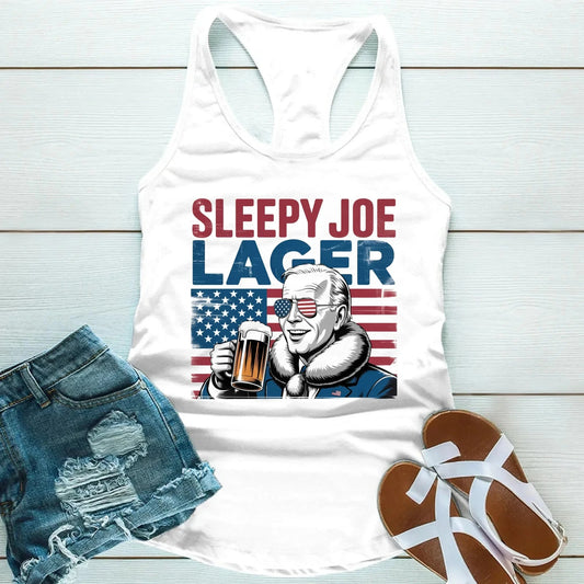 Sleepy Joe Lager Unisex Tank Top – Funny Biden-Inspired Beer Shirt for Independence Day Adorb.co