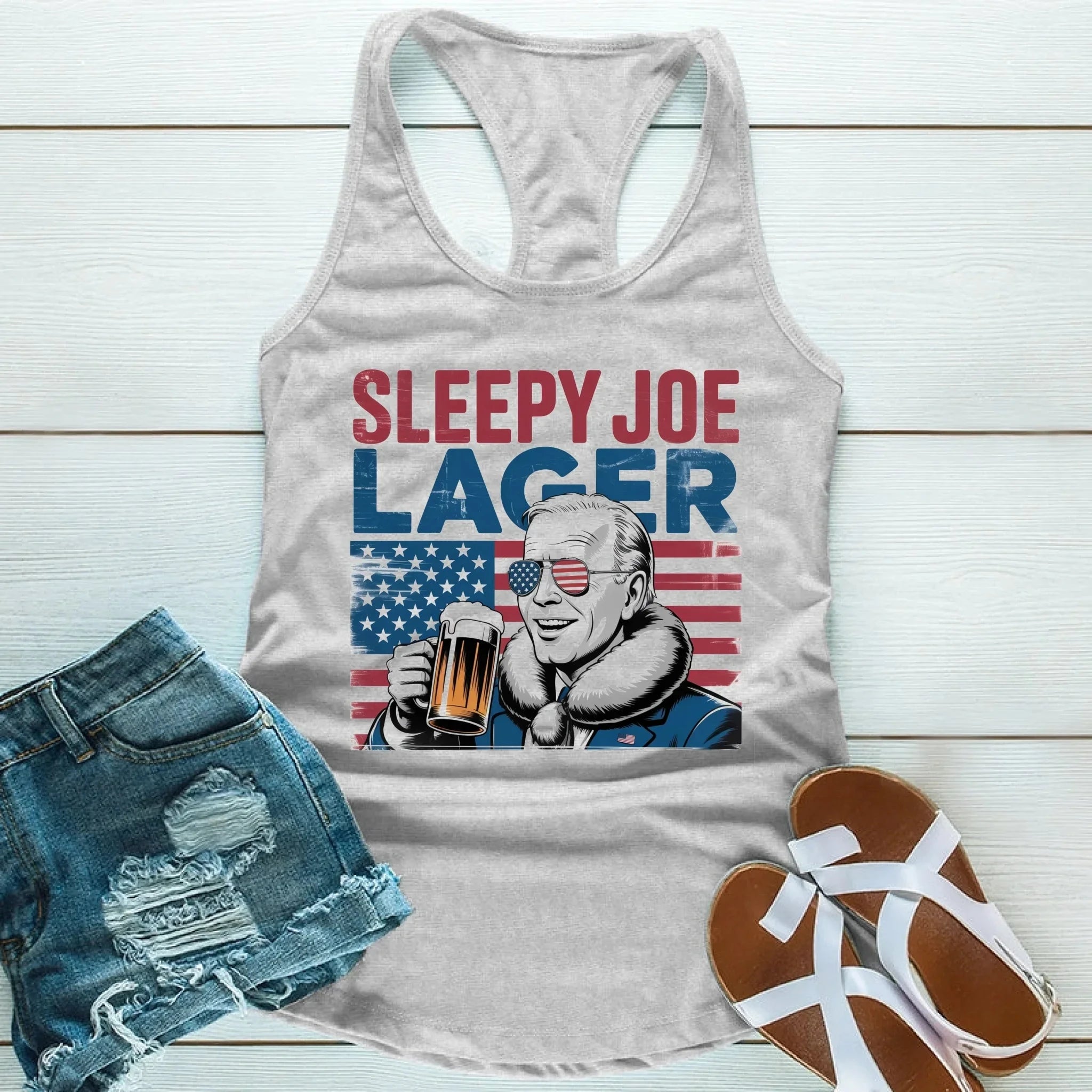 Sleepy Joe Lager Unisex Tank Top – Funny Biden-Inspired Beer Shirt for Independence Day Adorb.co