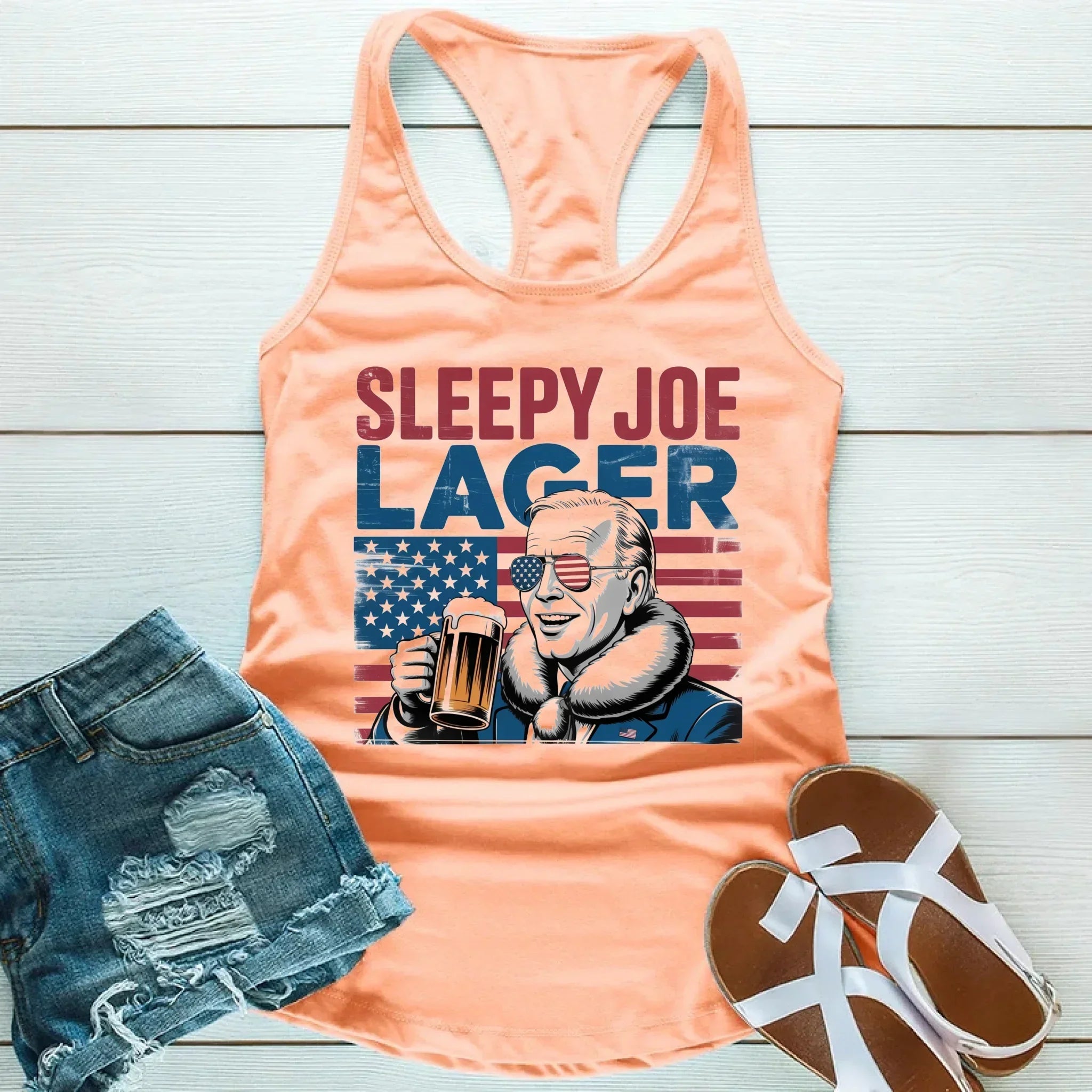 A person wearing the Adorb.co Sleepy Joe Lager tank top, showing the comfortable unisex fit of this funny beer shirt.