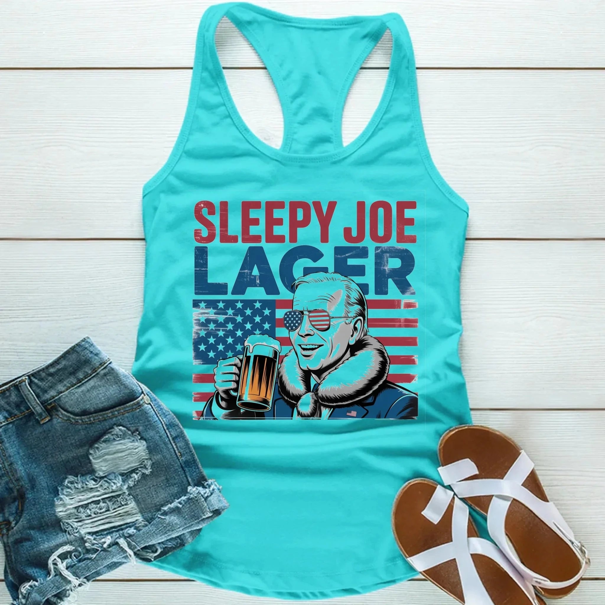 Sleepy Joe Lager Unisex Tank Top – Funny Biden-Inspired Beer Shirt for Independence Day Adorb.co