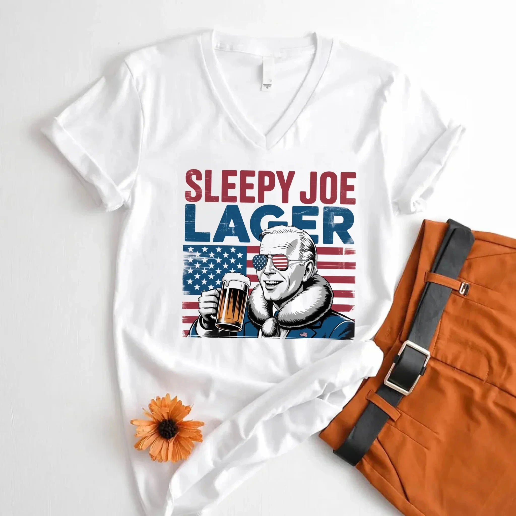 Sleepy Joe Lager V-Neck T-Shirt – Biden-Inspired Funny Beer Tee for 4th of July Adorb.co