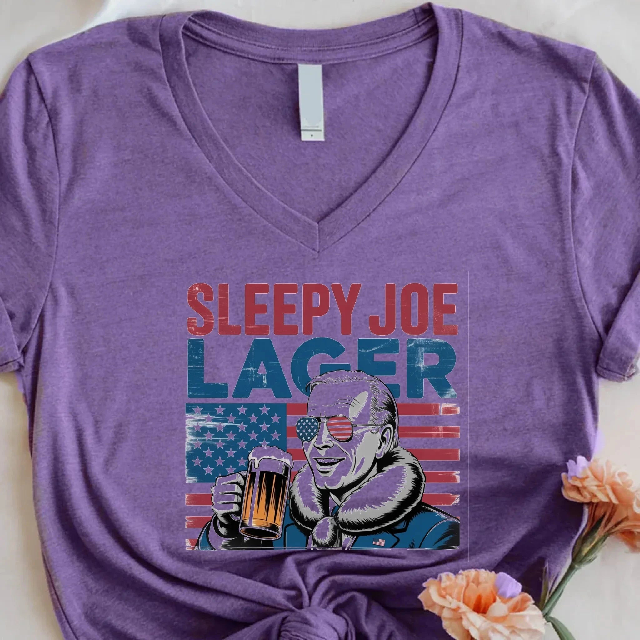 Sleepy Joe Lager V-Neck T-Shirt – Biden-Inspired Funny Beer Tee for 4th of July Adorb.co