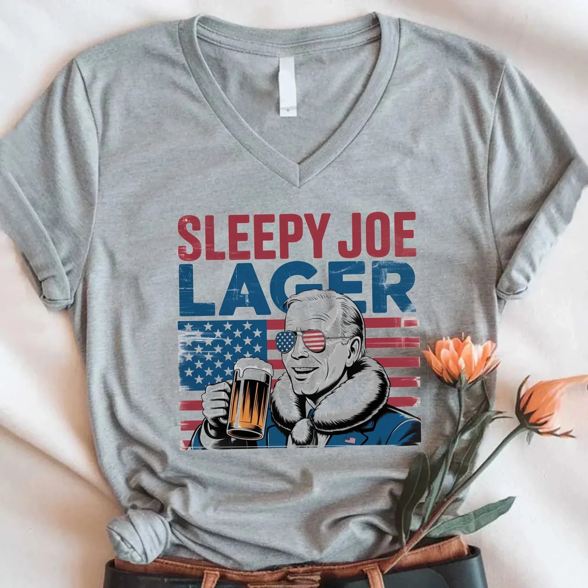 Sleepy Joe Lager V-Neck T-Shirt – Biden-Inspired Funny Beer Tee for 4th of July Adorb.co