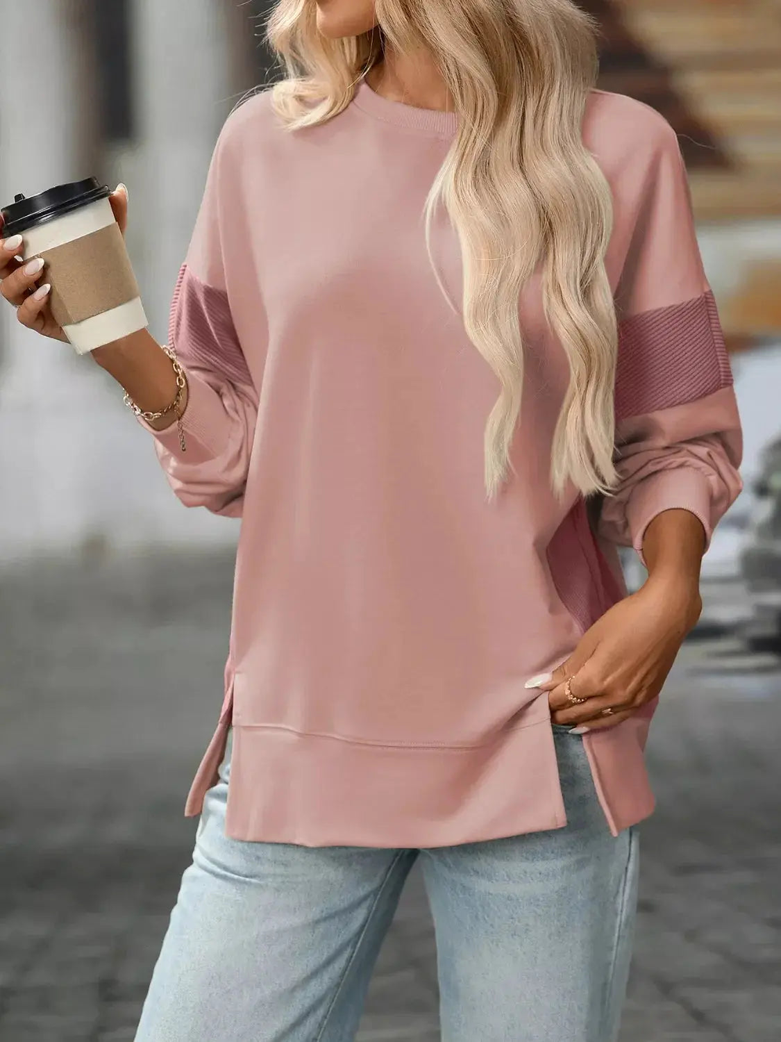 Side Slit Round Neck Sweatshirt Simply Love
