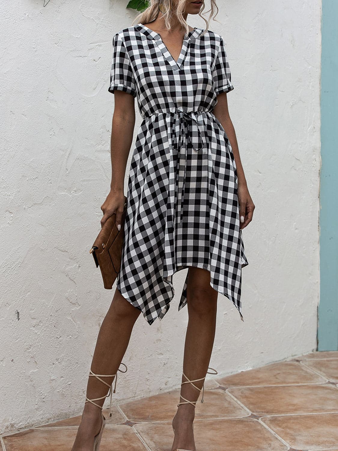 Plaid Notched Short Sleeve Dress.