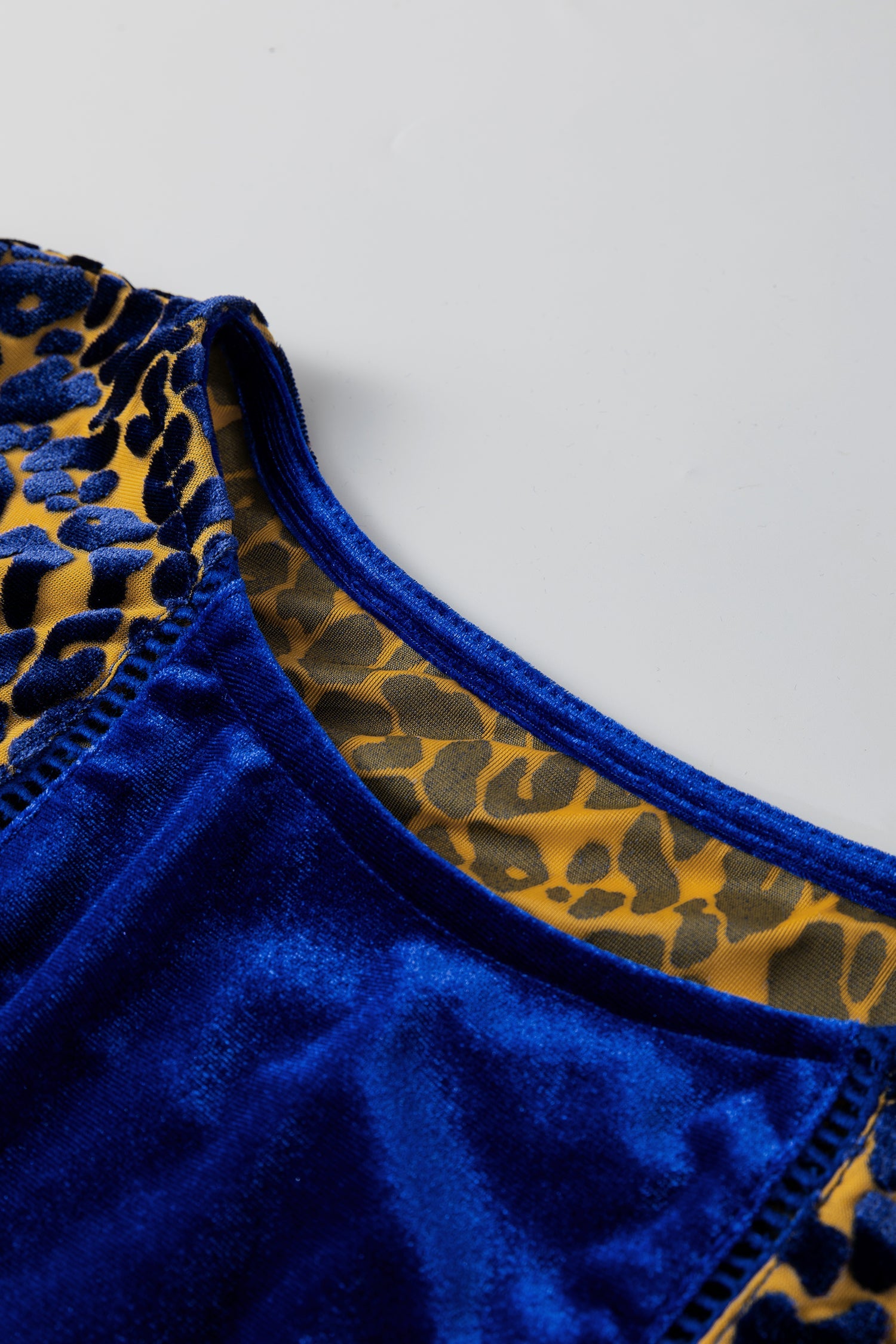 Sky Blue Leopard Patchwork Velvet Blouse with Flounce Sleeve Dear-Lover Dropshipping