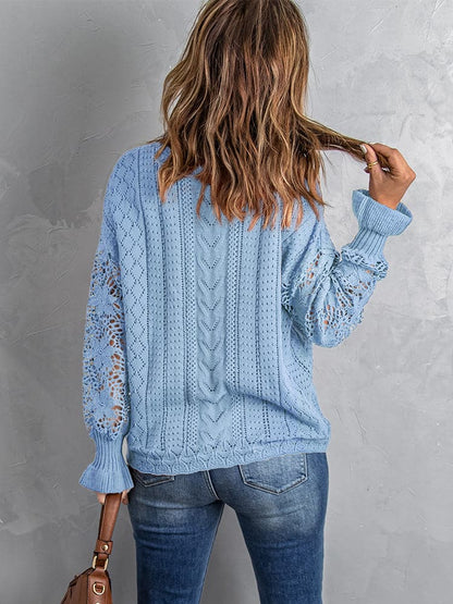 Openwork Lantern Sleeve Dropped Shoulder Sweater.