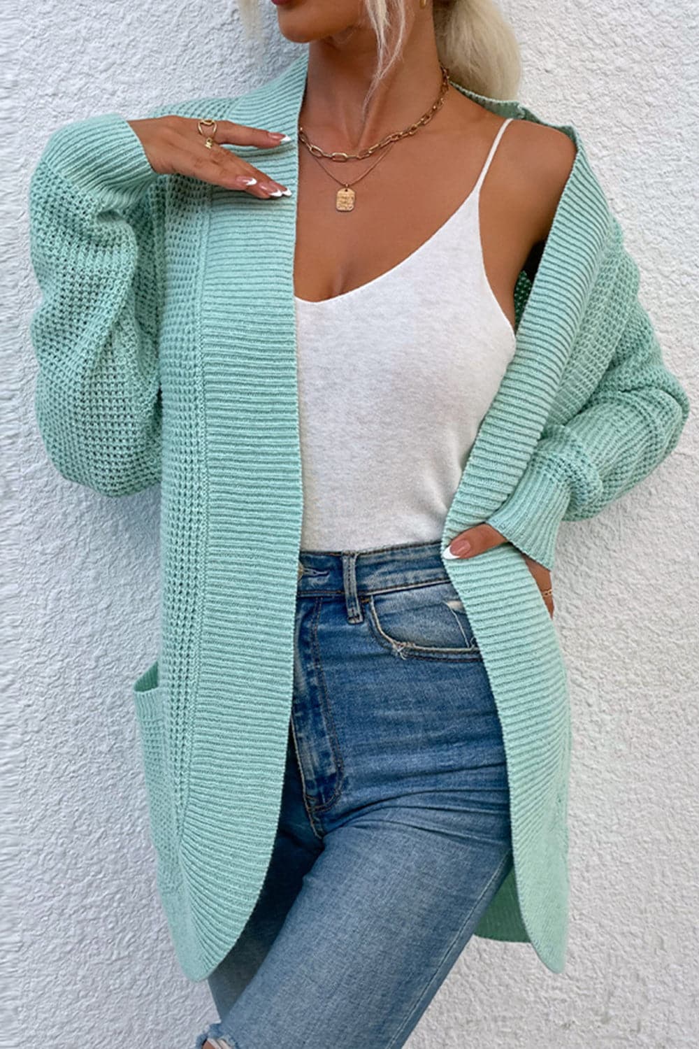 Open Front Rib-Knit Cardigan with Pockets.