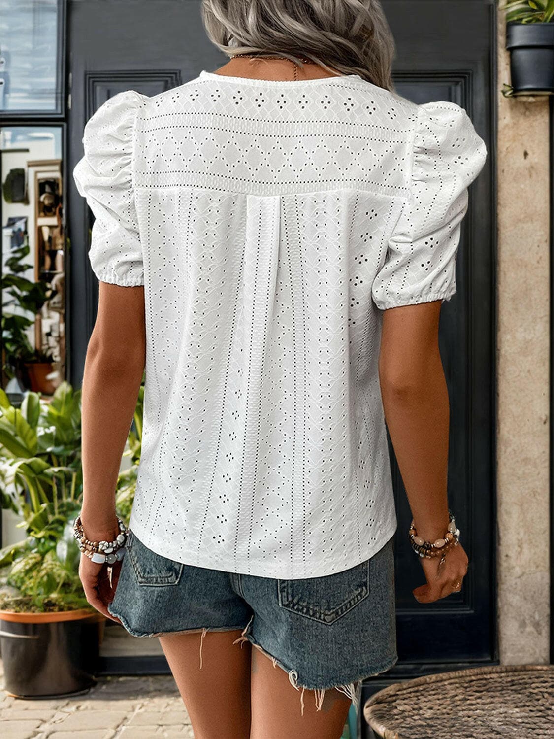 Lace Detail Eyelet V-Neck Short Sleeve Blouse.