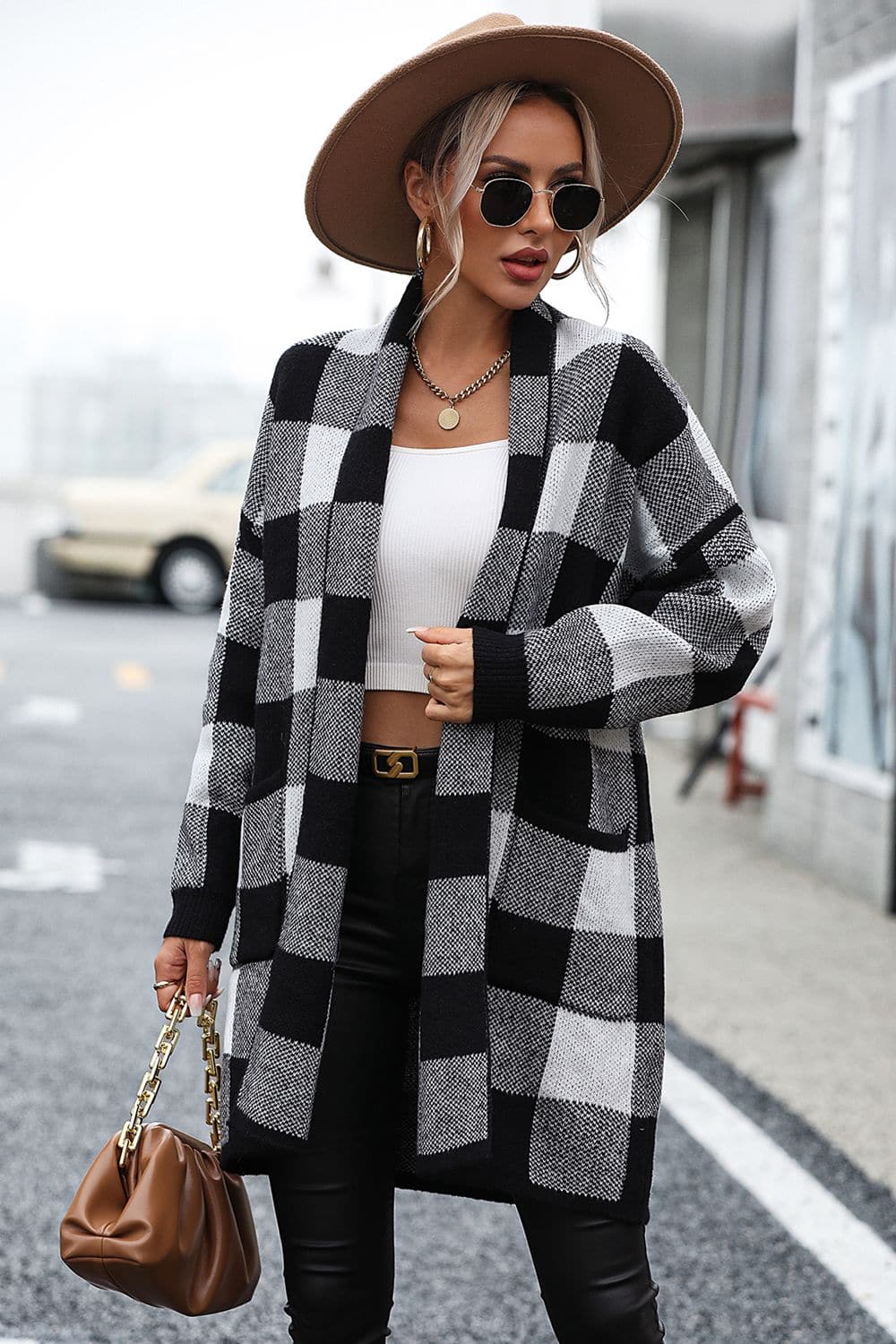 Plaid Dropped Shoulder Cardigan with Pocket.