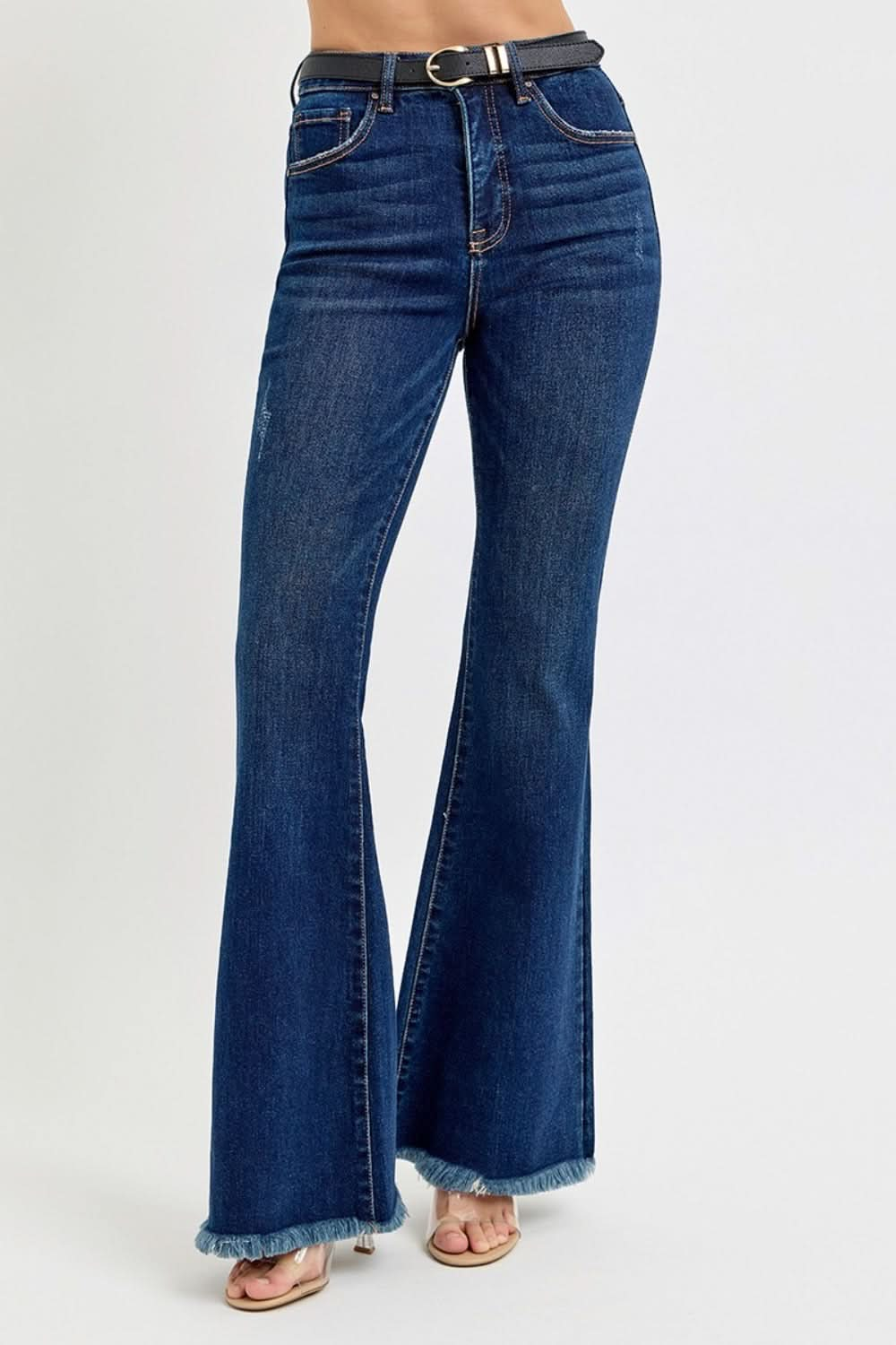 High-rise tummy control flare jeans with frayed hem and belt