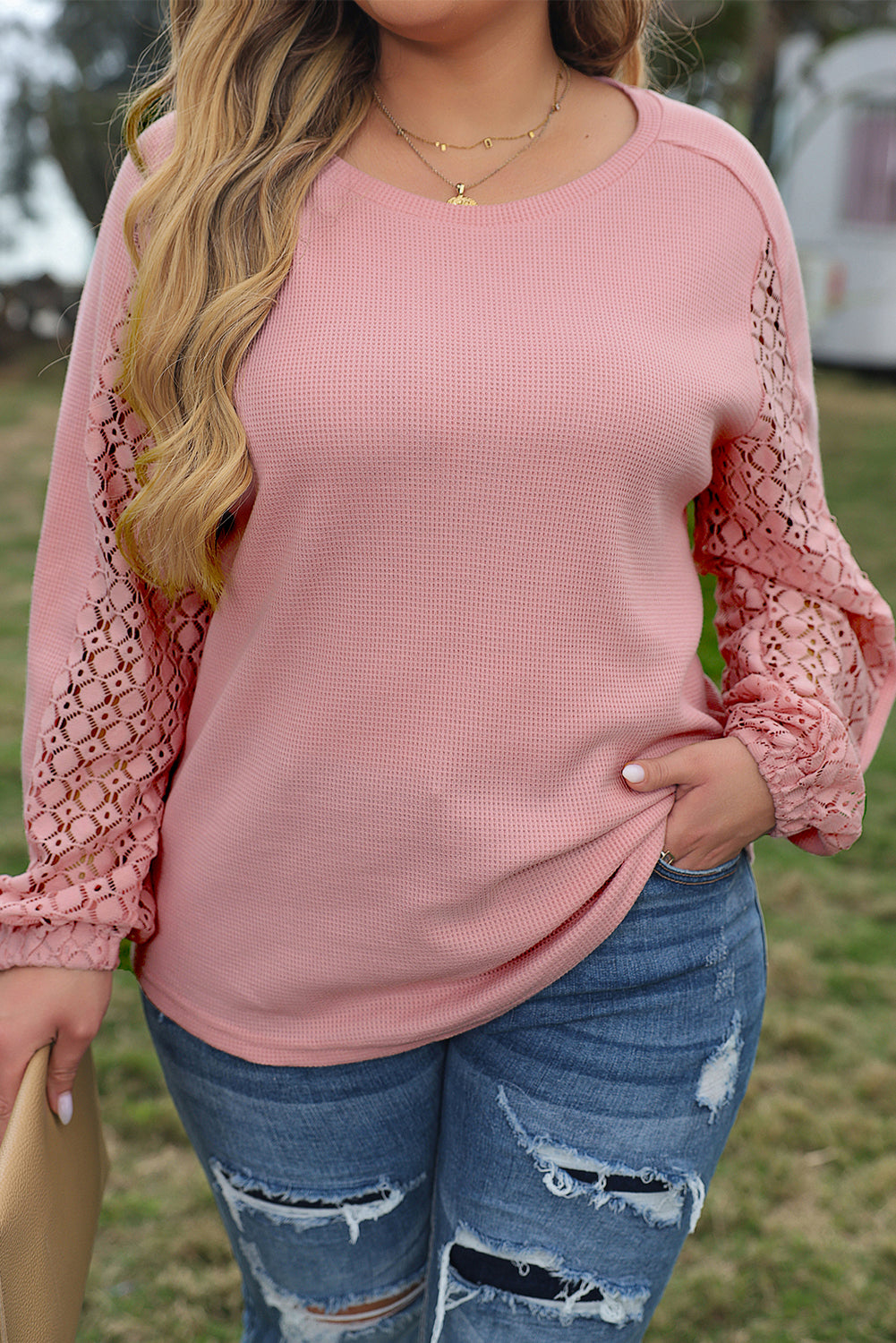 Chic apricot pink plus size lace sleeve textured top