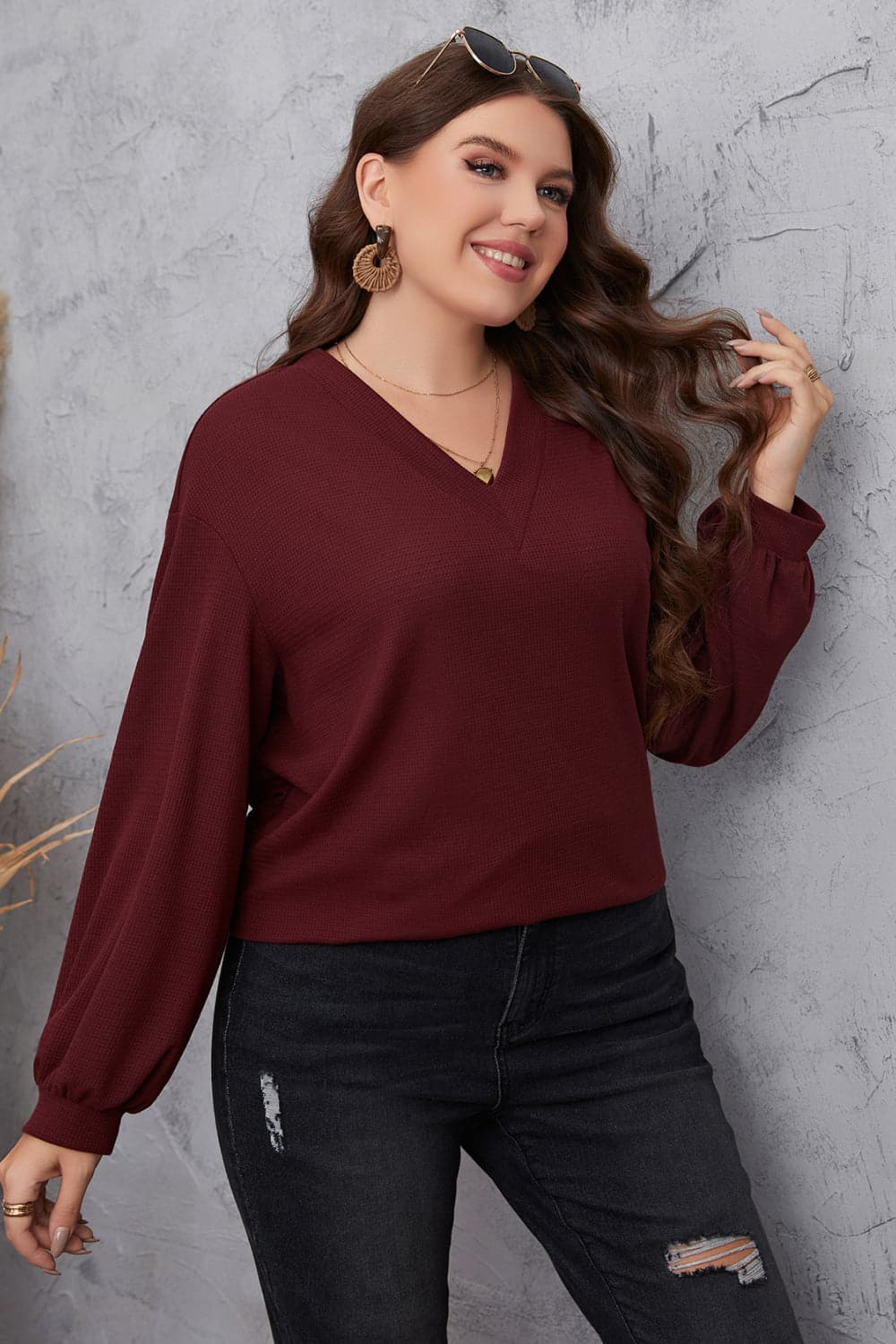 Melo Apparel Plus Size V-Neck Dropped Shoulder Blouse.