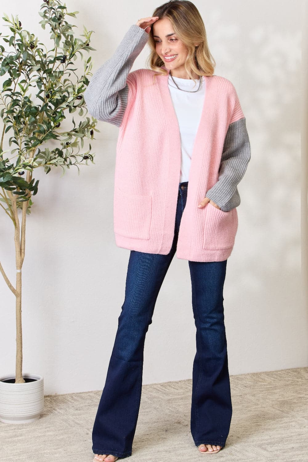 BiBi Contrast Open Front Cardigan with Pockets.