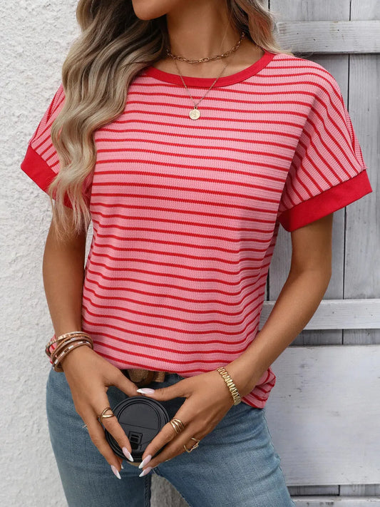 Striped Ribbed Knit Short Sleeve T-Shirt Simply Love