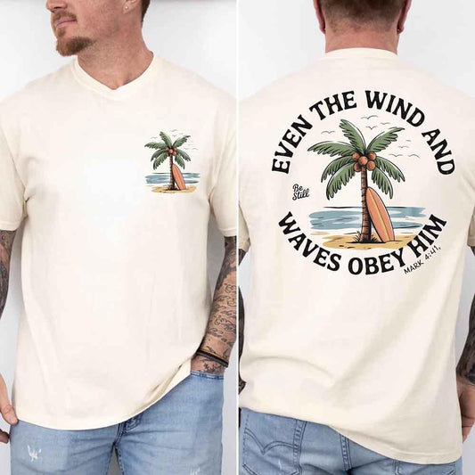 Adorb.co Even the Wind Obey Him Tee, a crisp white unisex Christian graphic shirt featuring an inspiring Bible verse.