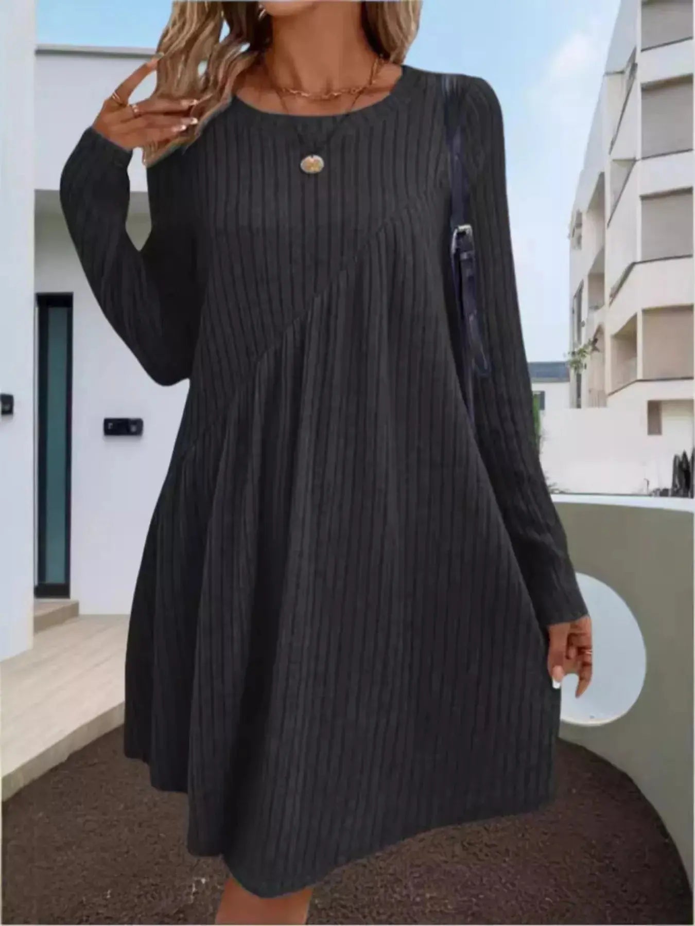 Casual Ribbed Knit Long Sleeve Swing Dress Simply Love