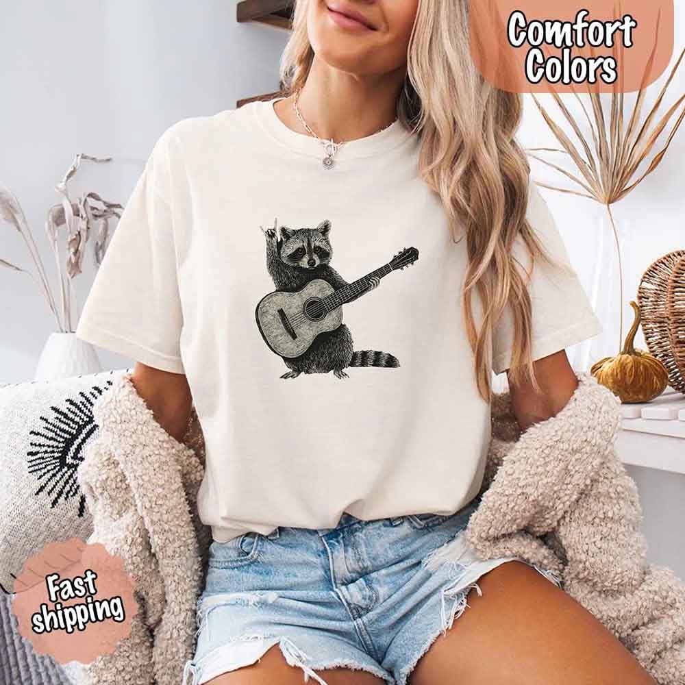 Raccoon Playing A Guitar, Funny Animals Comfort Colors T-Shirt Adorb Custom Tees