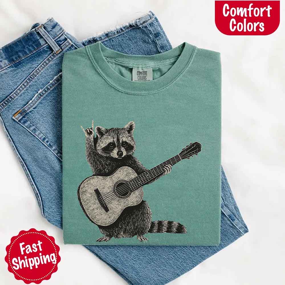 Raccoon Playing A Guitar, Funny Animals Comfort Colors T-Shirt Adorb Custom Tees