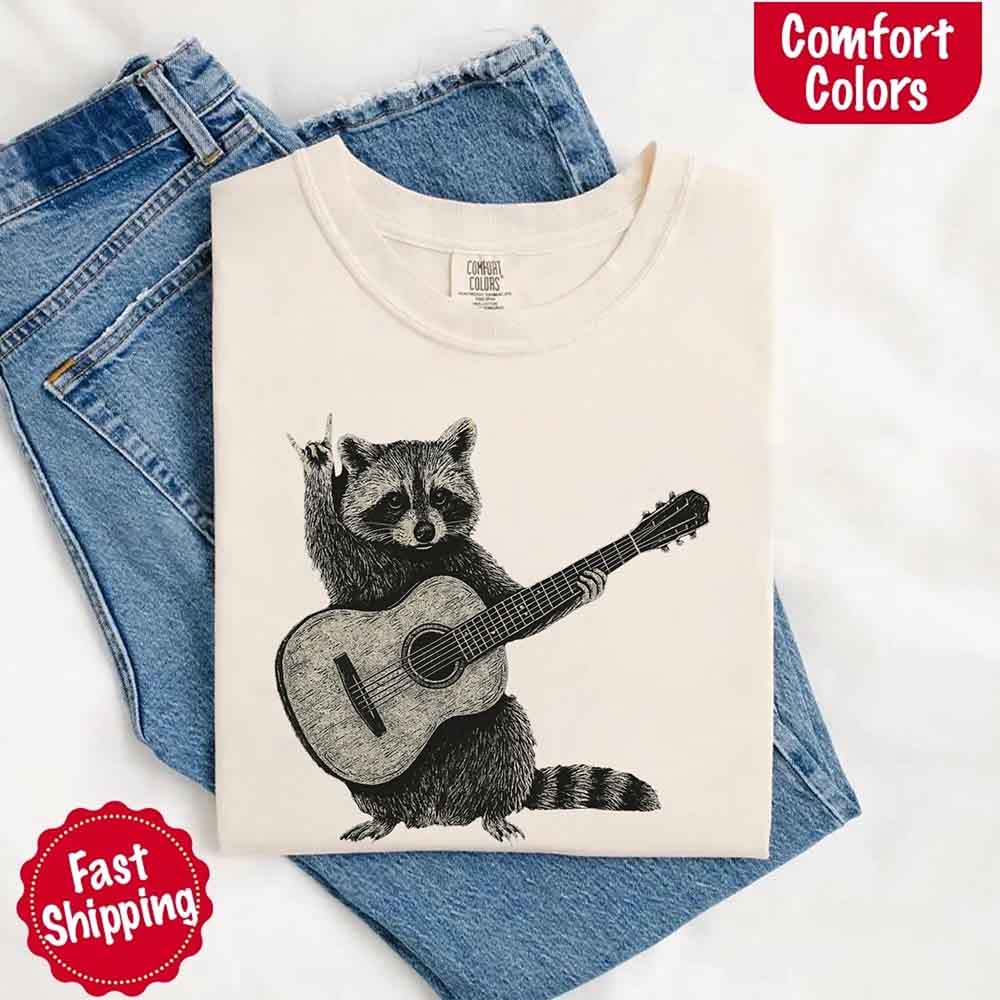 Raccoon Playing A Guitar, Funny Animals Comfort Colors T-Shirt Adorb Custom Tees