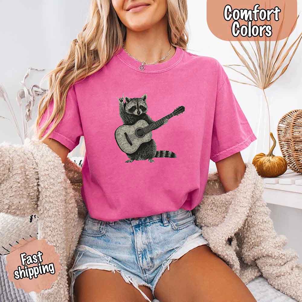 Raccoon Playing A Guitar, Funny Animals Comfort Colors T-Shirt Adorb Custom Tees