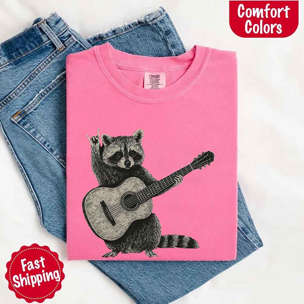 Raccoon Playing A Guitar, Funny Animals Comfort Colors T-Shirt Adorb Custom Tees