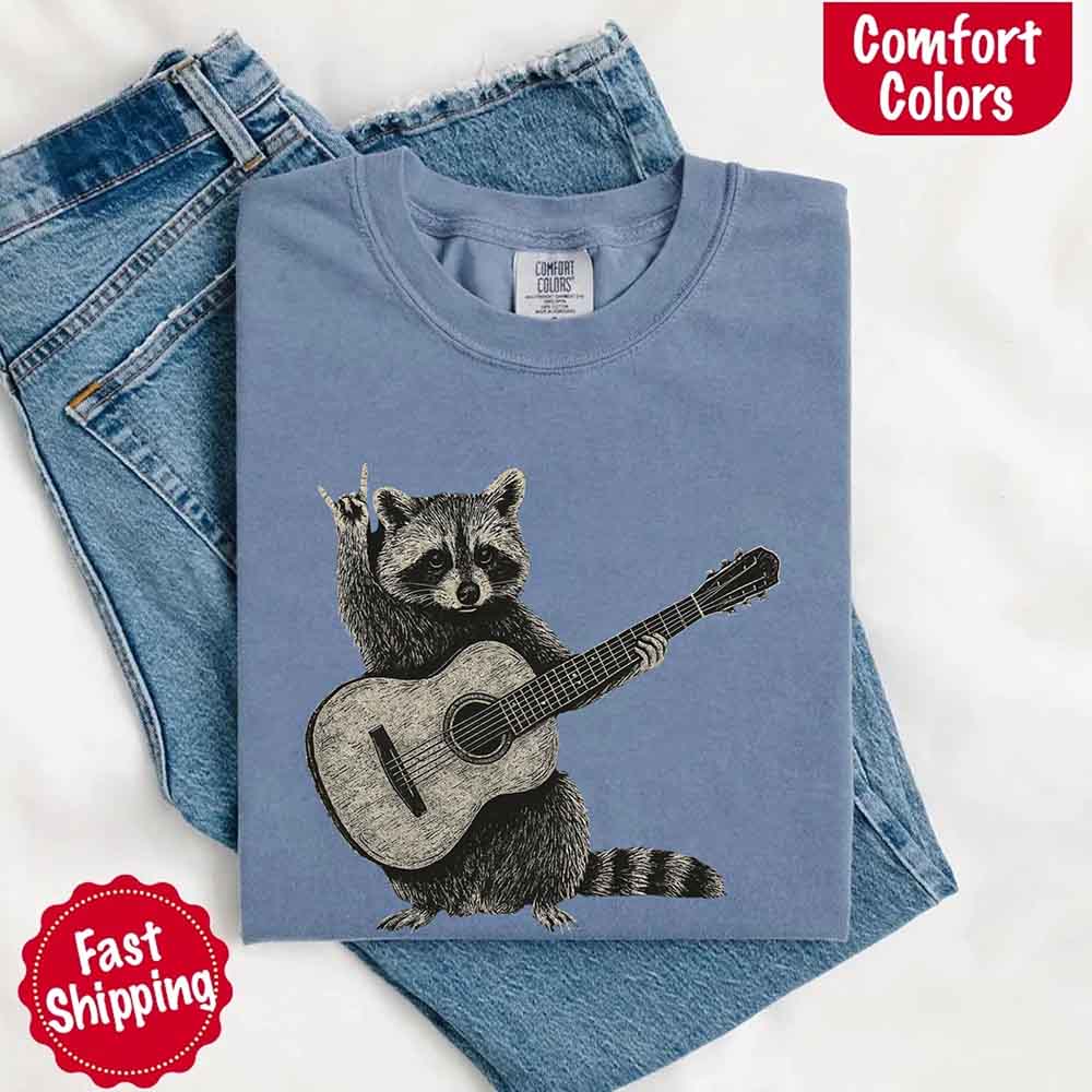 Raccoon Playing A Guitar, Funny Animals Comfort Colors T-Shirt Adorb Custom Tees