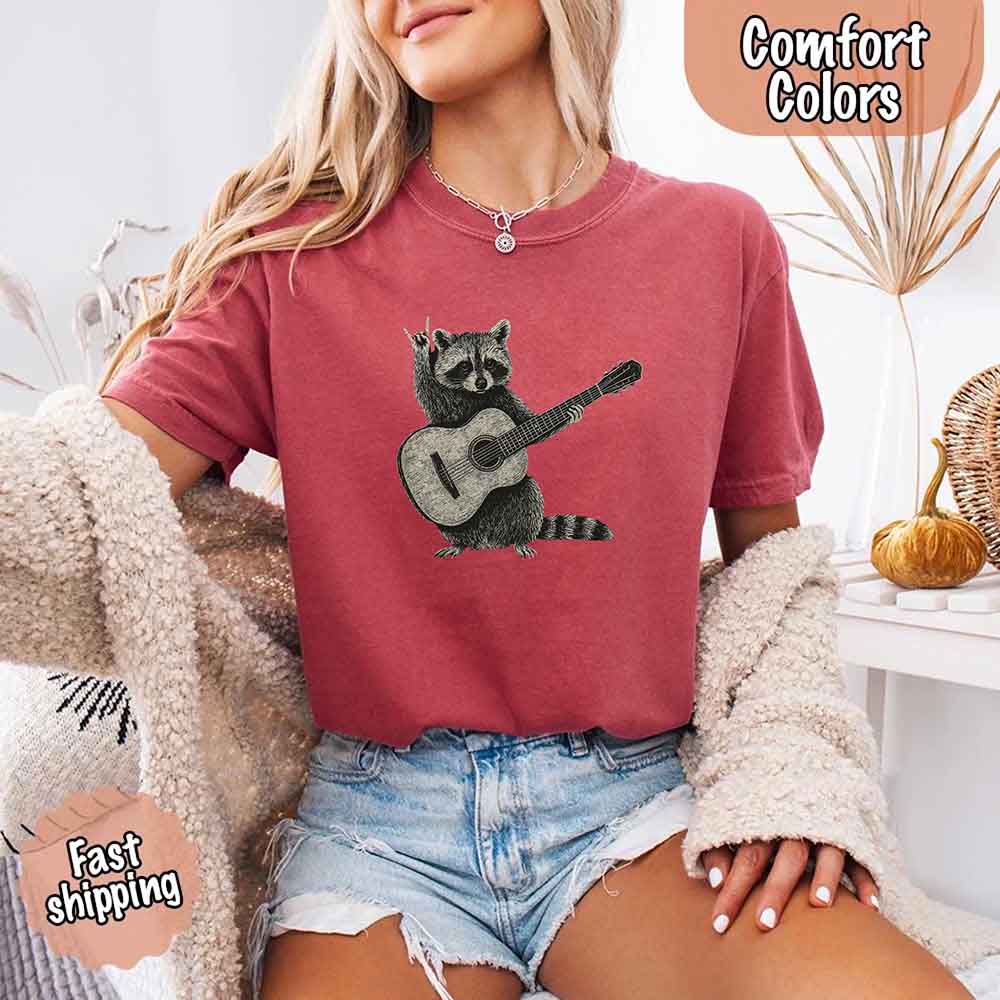 Raccoon Playing A Guitar, Funny Animals Comfort Colors T-Shirt Adorb Custom Tees