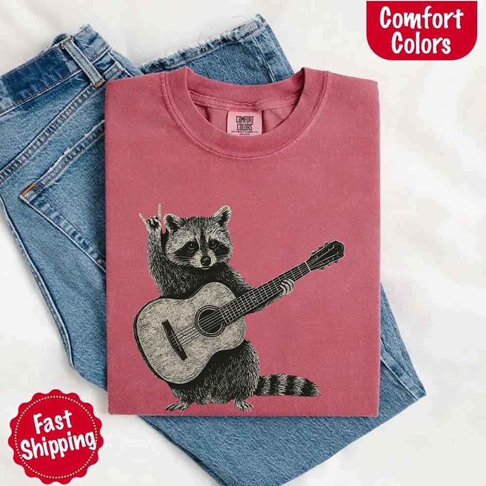 Raccoon Playing A Guitar, Funny Animals Comfort Colors T-Shirt Adorb Custom Tees