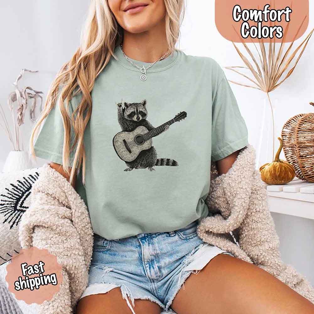 Raccoon Playing A Guitar, Funny Animals Comfort Colors T-Shirt Adorb Custom Tees