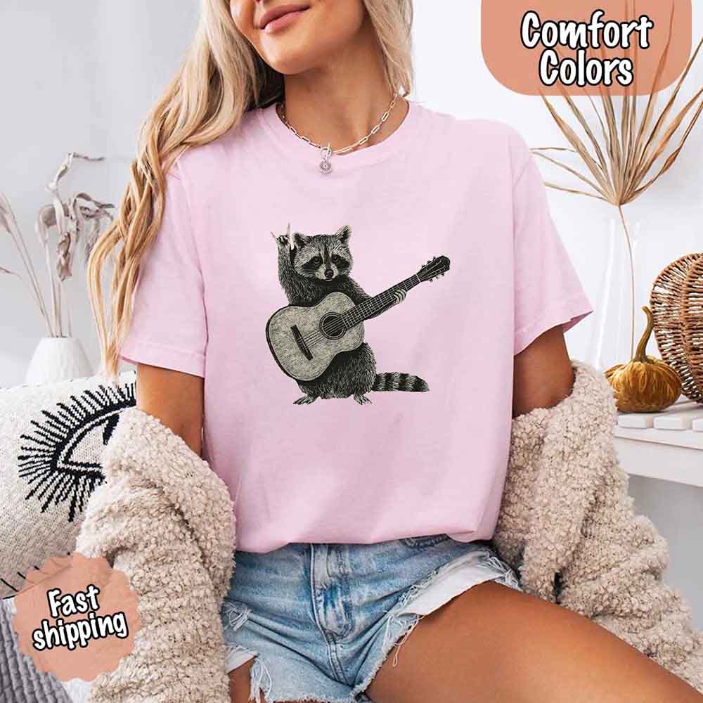 Raccoon Playing A Guitar, Funny Animals Comfort Colors T-Shirt Adorb Custom Tees