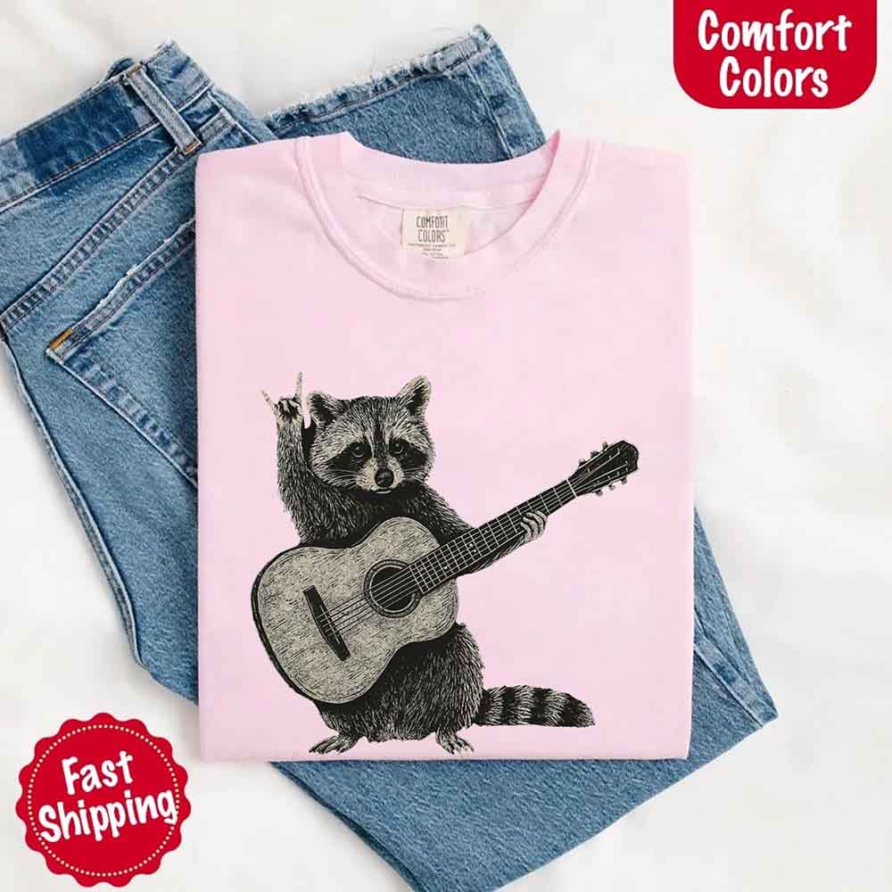 Raccoon Playing A Guitar, Funny Animals Comfort Colors T-Shirt Adorb Custom Tees