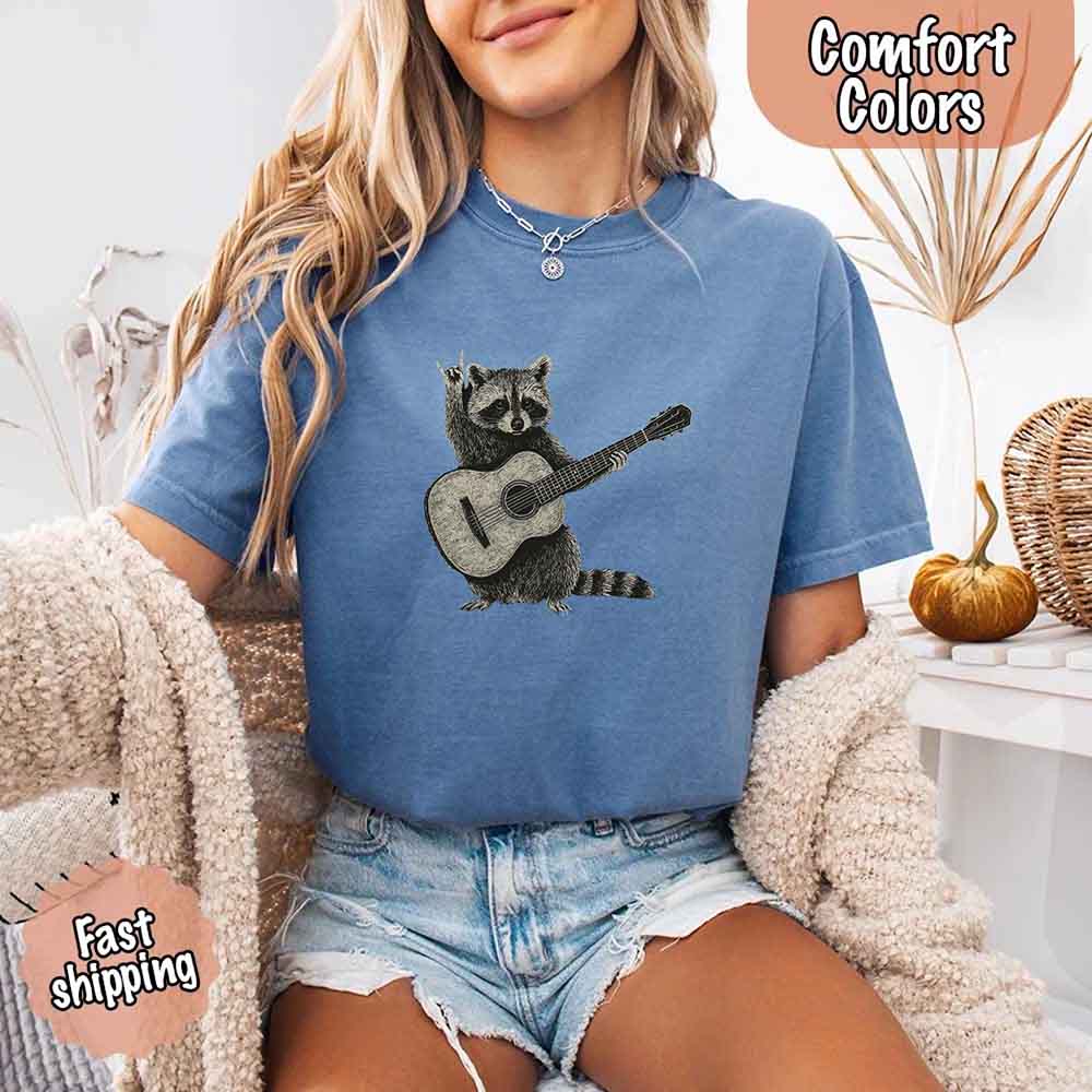 Raccoon Playing A Guitar, Funny Animals Comfort Colors T-Shirt Adorb Custom Tees