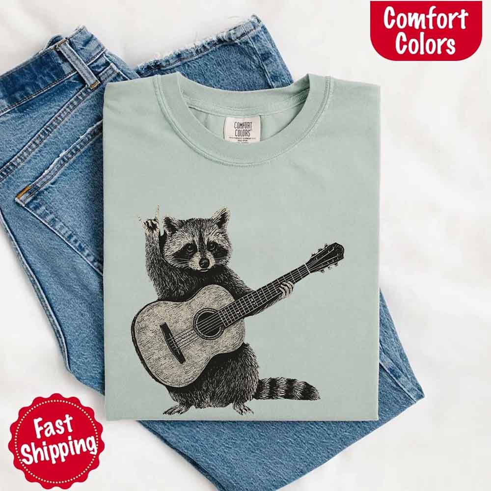 Raccoon Playing A Guitar, Funny Animals Comfort Colors T-Shirt Adorb Custom Tees