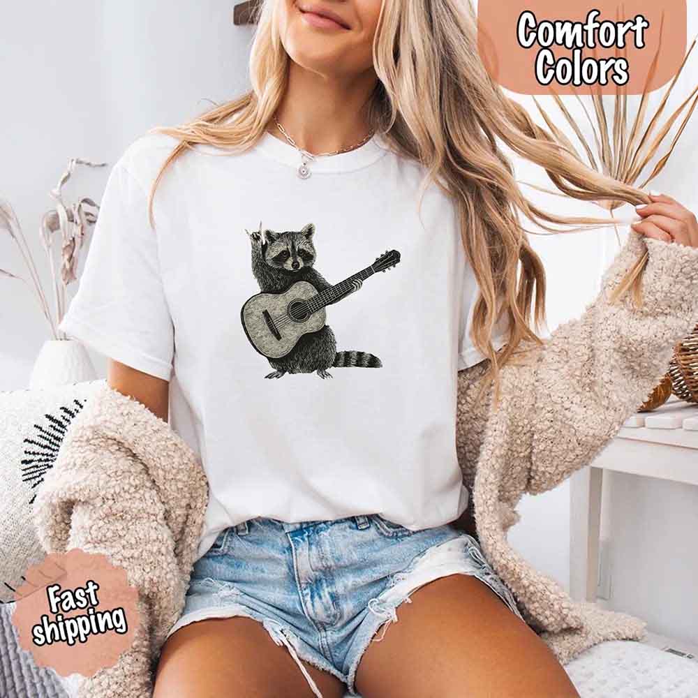 Raccoon Playing A Guitar, Funny Animals Comfort Colors T-Shirt Adorb Custom Tees
