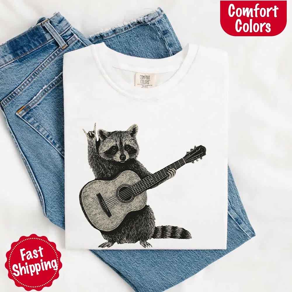 Raccoon Playing A Guitar, Funny Animals Comfort Colors T-Shirt Adorb Custom Tees