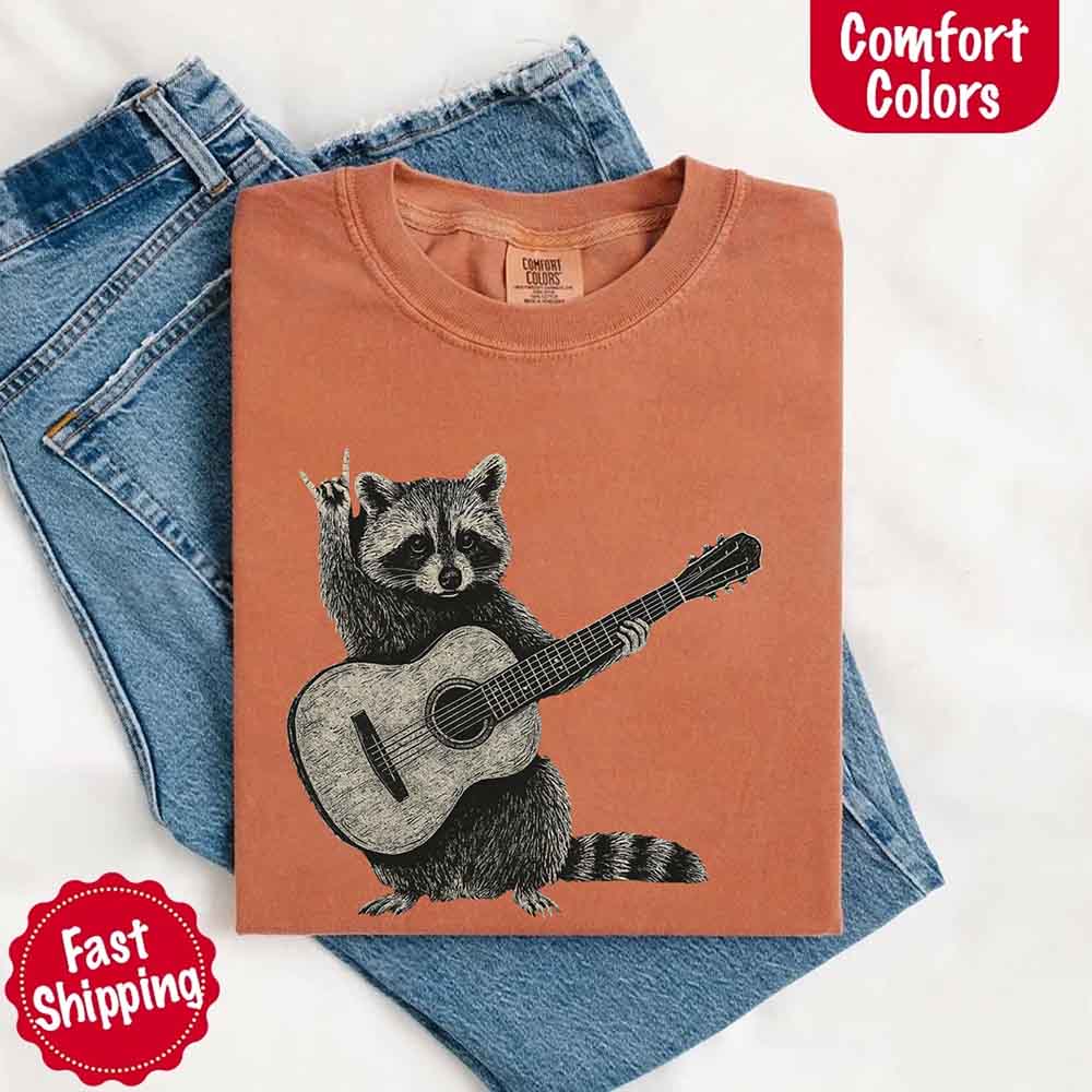 Raccoon Playing A Guitar, Funny Animals Comfort Colors T-Shirt Adorb Custom Tees