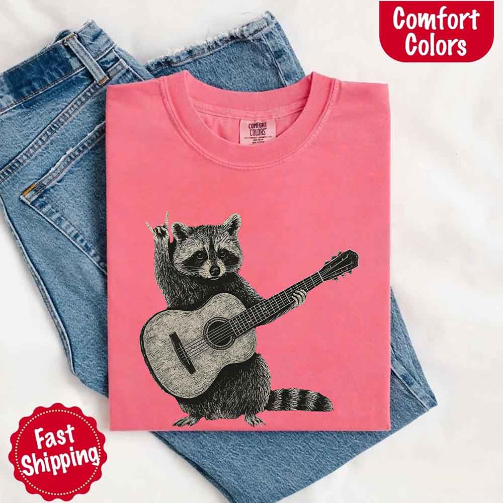 Raccoon Playing A Guitar, Funny Animals Comfort Colors T-Shirt Adorb Custom Tees