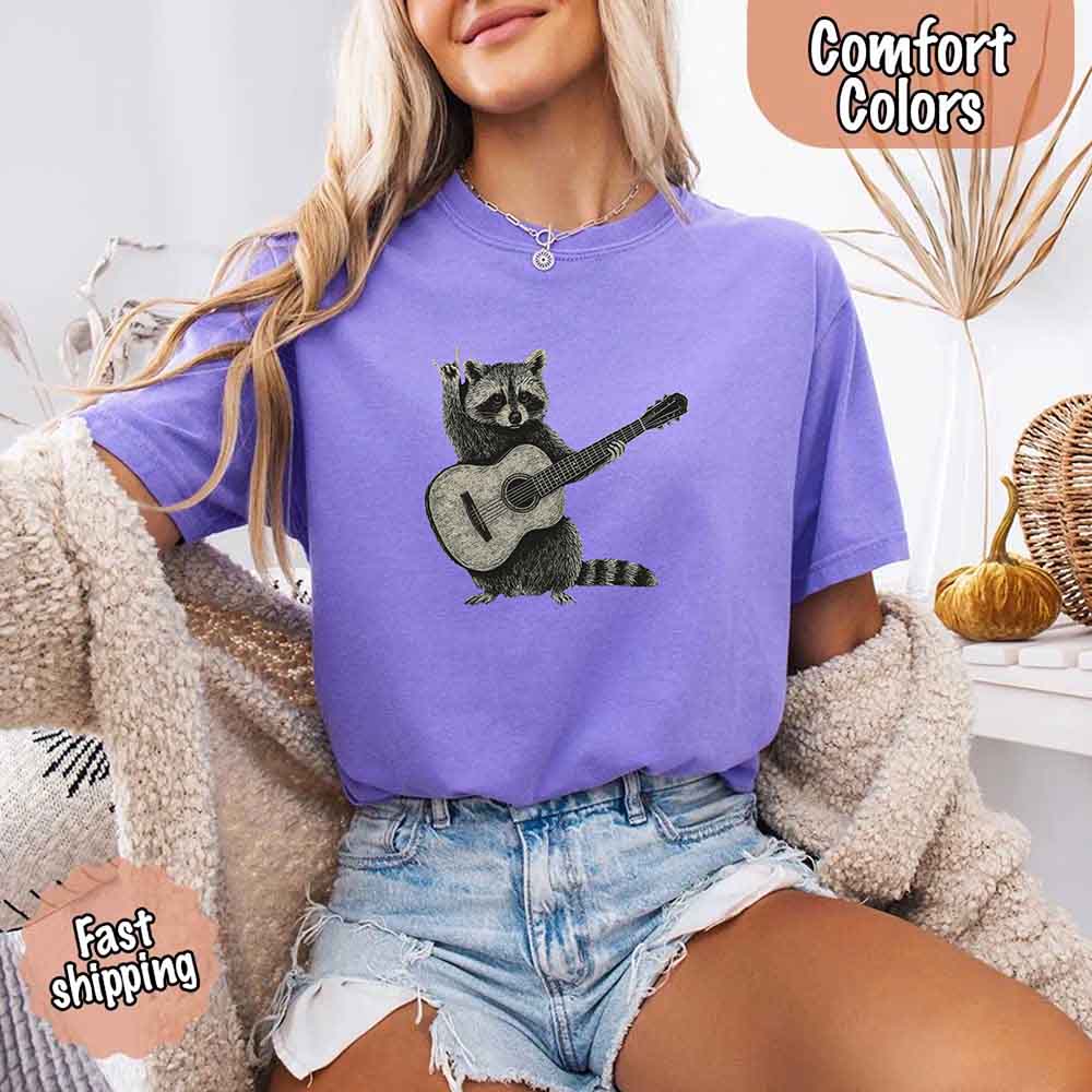 Raccoon Playing A Guitar, Funny Animals Comfort Colors T-Shirt Adorb Custom Tees