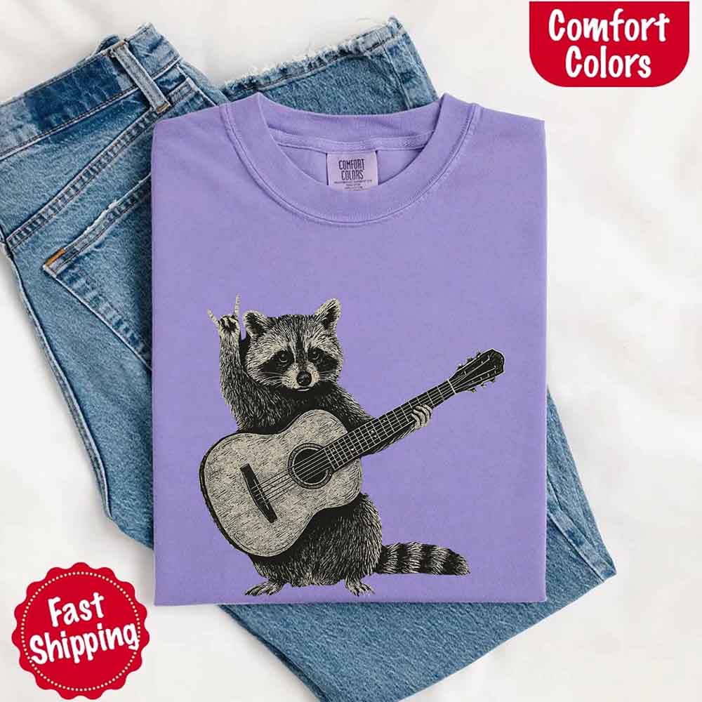 Raccoon Playing A Guitar, Funny Animals Comfort Colors T-Shirt Adorb Custom Tees