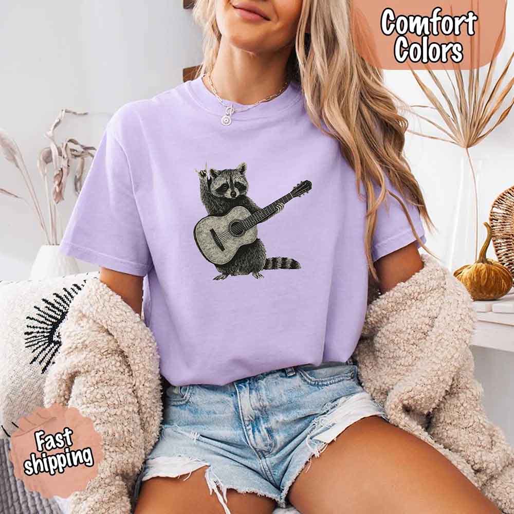 Raccoon Playing A Guitar, Funny Animals Comfort Colors T-Shirt Adorb Custom Tees