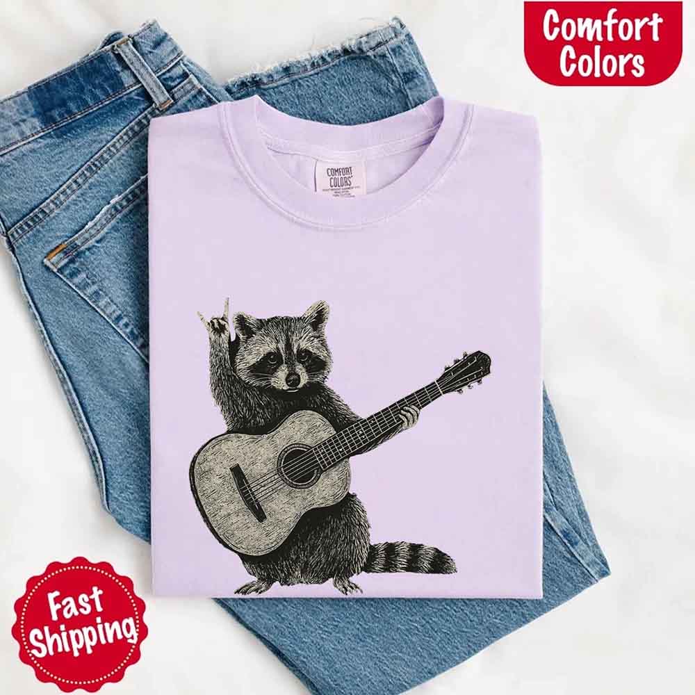 Raccoon Playing A Guitar, Funny Animals Comfort Colors T-Shirt Adorb Custom Tees
