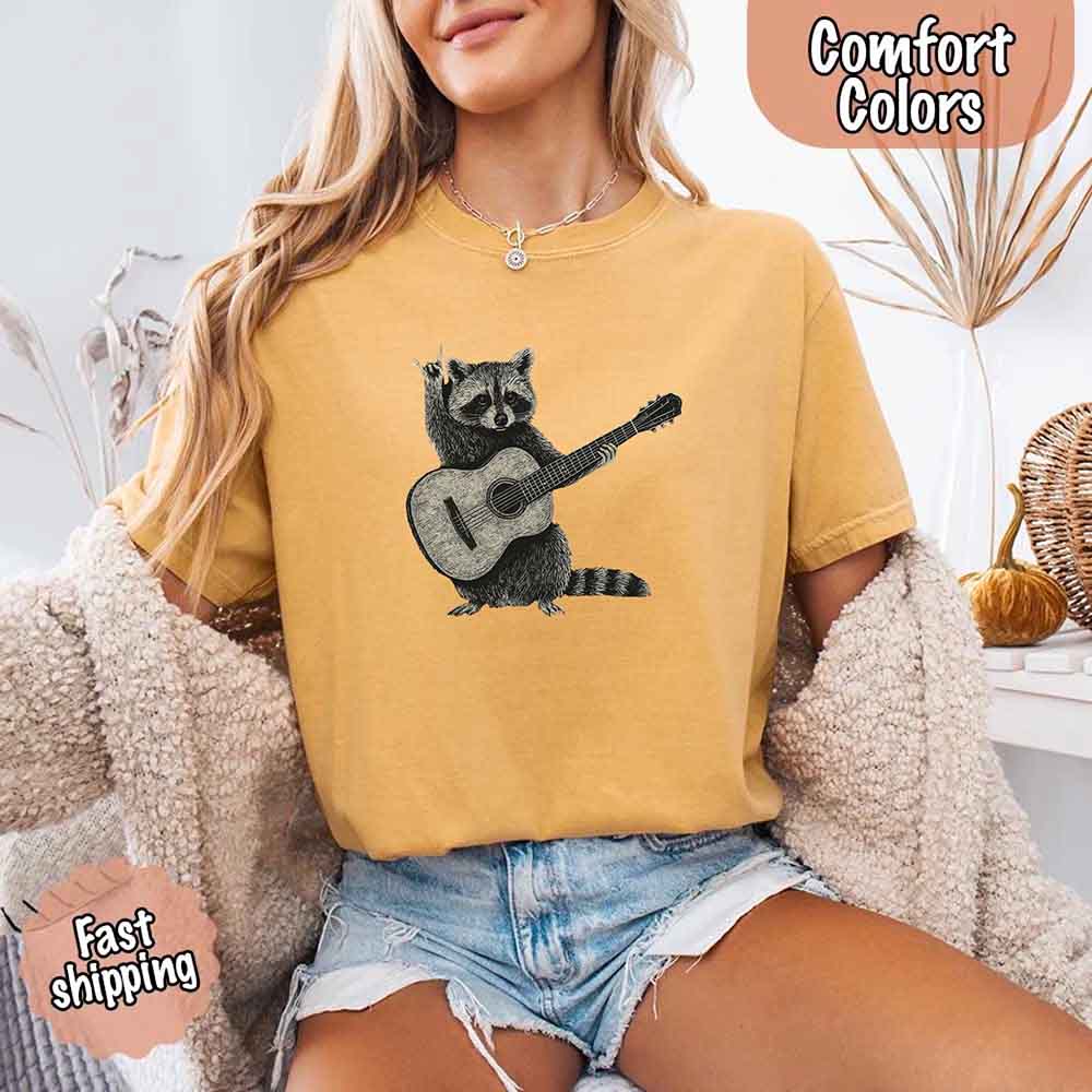 Raccoon Playing A Guitar, Funny Animals Comfort Colors T-Shirt Adorb Custom Tees
