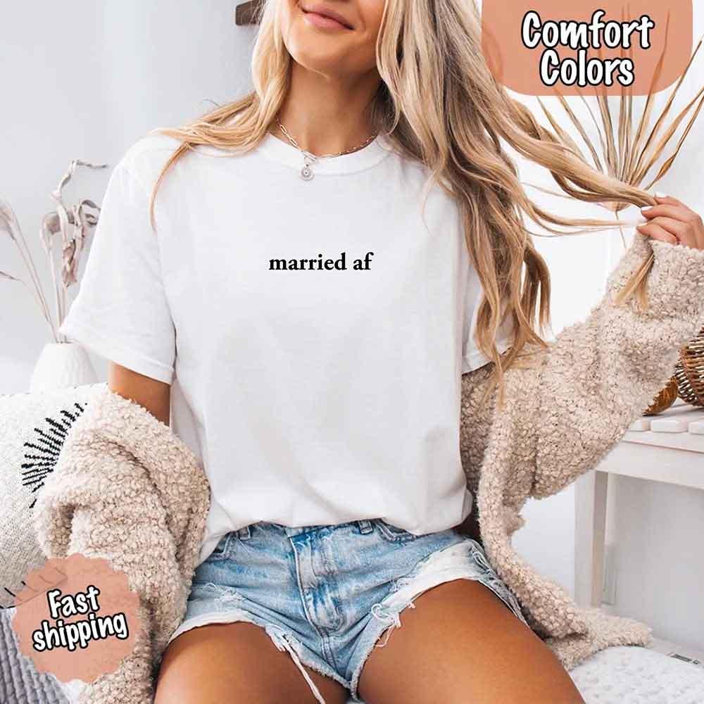 Close-up detail of the 'Married AF' text on the Adorb Custom Tees Just Married Couple Tee, showing the quality print.