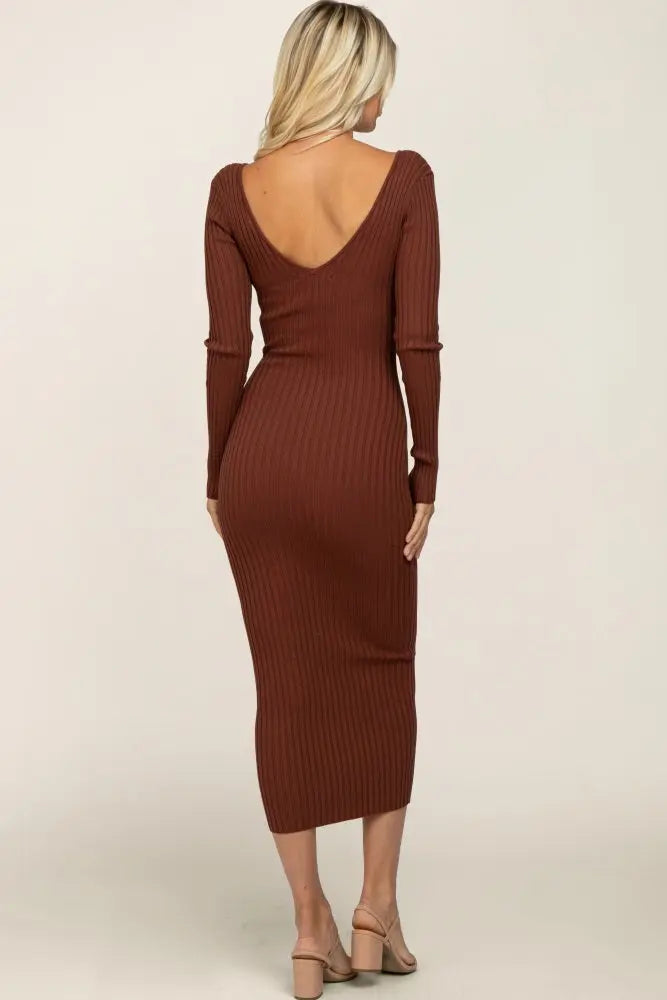 Mocha V Neck Long Sleeve Fitted Maxi Dress Ribbed Knit Silhouette PinkBlush