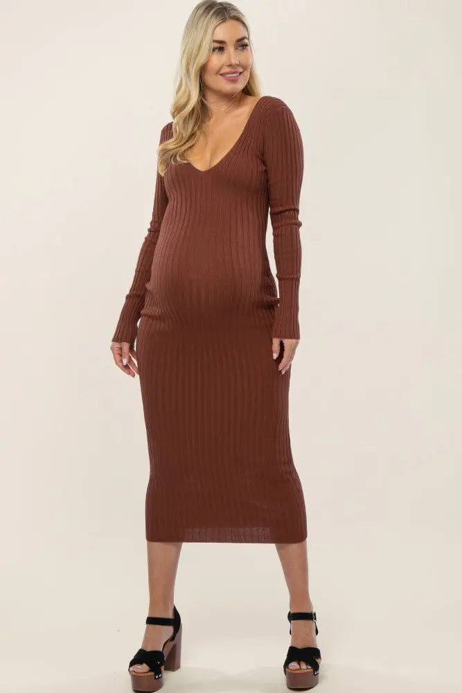Mocha V Neck Long Sleeve Fitted Maternity Maxi Dress PinkBlush