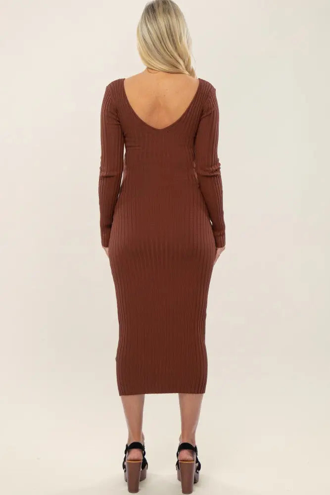 Mocha V Neck Long Sleeve Fitted Maternity Maxi Dress PinkBlush